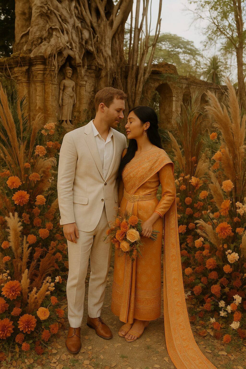 Mixed couple wearing traditional Thai wedding outfit surrounded by orange flowers and ancient temple ruins in Thailand.