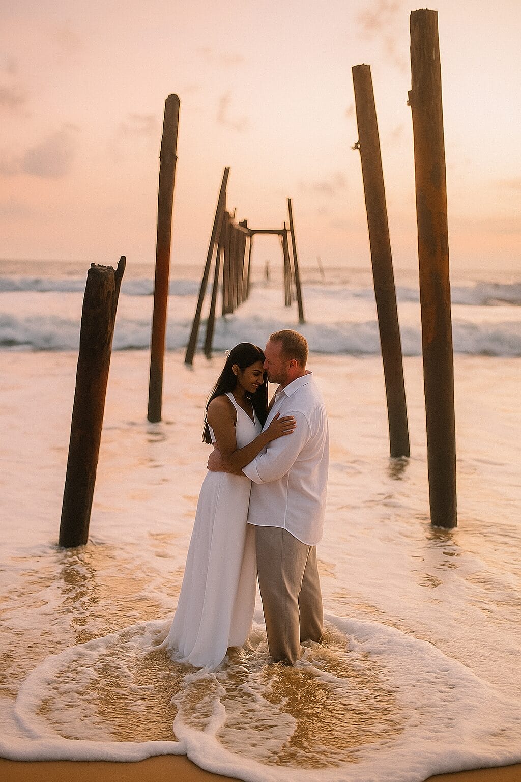 A mixed couple embraces in the ocean waves at sunset in Thailand, surrounded by wooden pier ruins