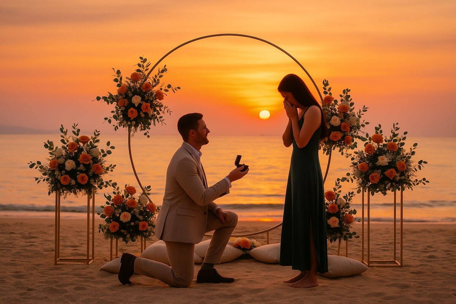 A man proposing to a woman on a beach in Thailand at sunset, surrounded by flowers and a circular arch