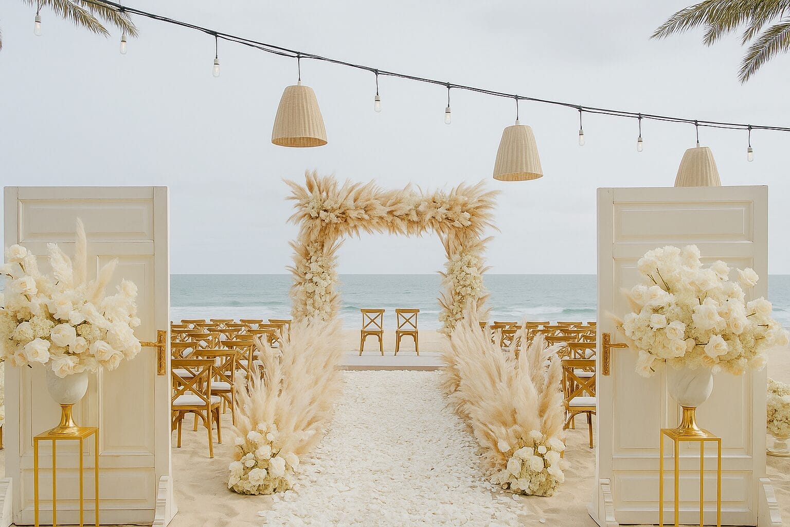 Luxury beach wedding ceremony in Thailand with pampas grass arch, vintage white doors, and neutral floral arrangements.