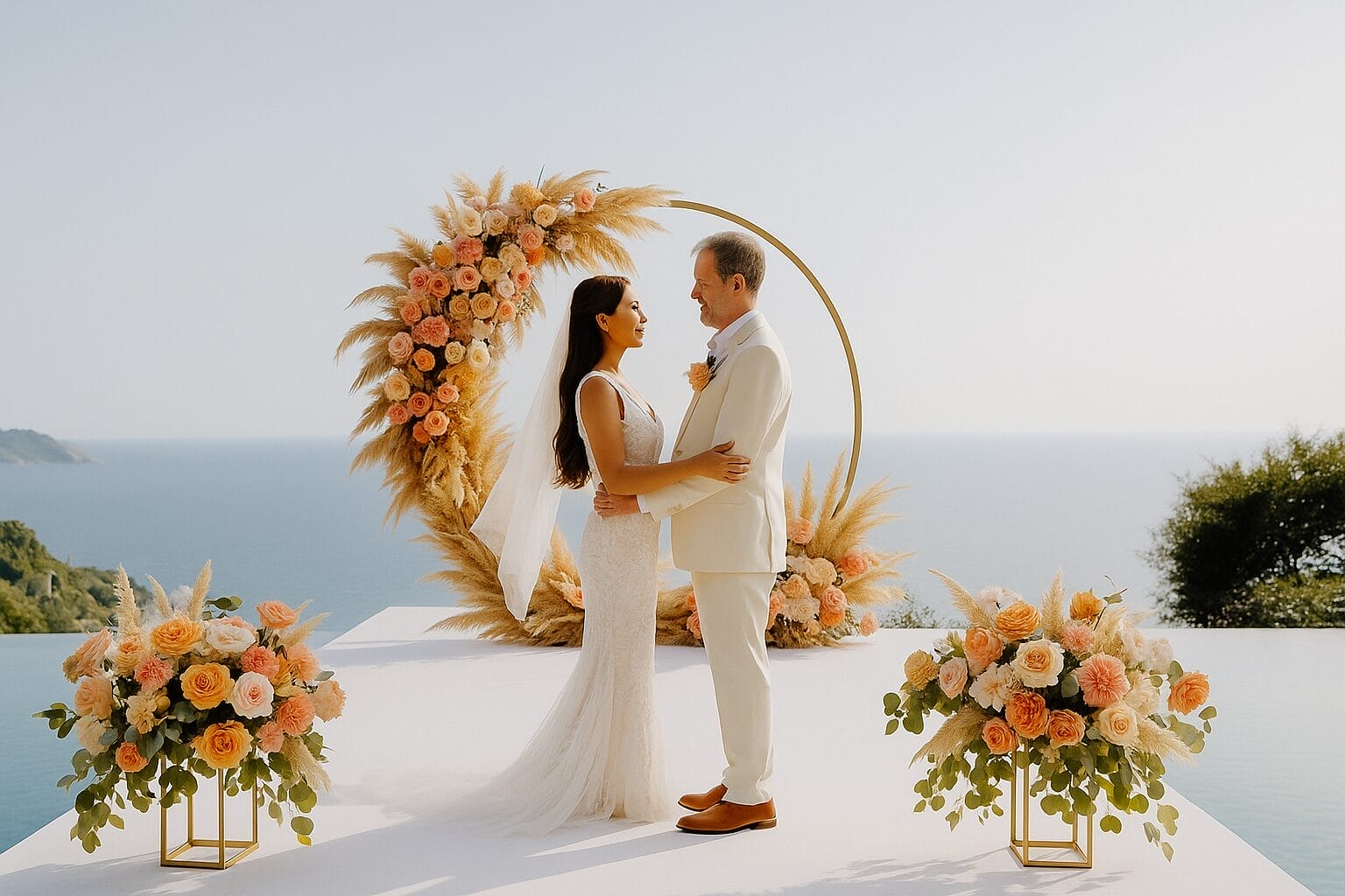 Luxury beach wedding ceremony in Thailand with white lilac-style floral clusters, elegant foliage, and ocean backdrop.