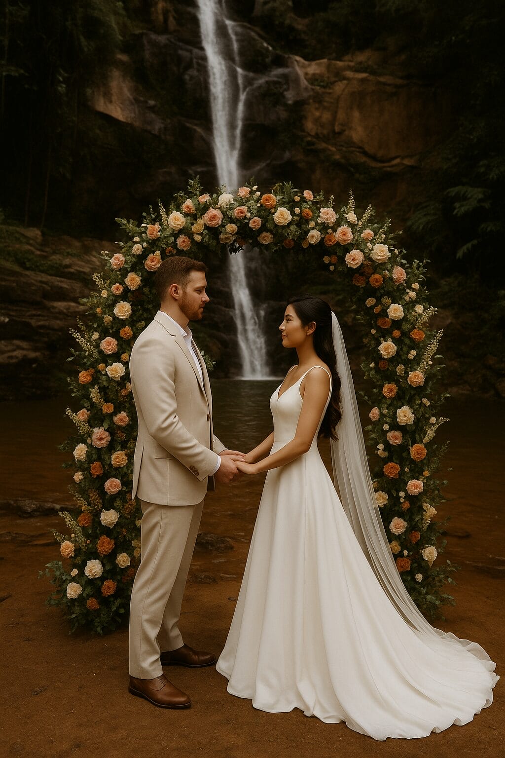 Bride and groom holding hands in front of a waterfall in Thailand, standing under a floral arch