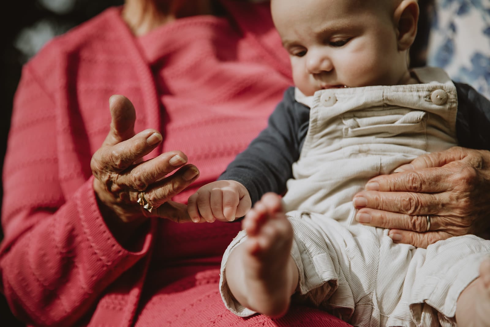 Un bébé touche la main d'une grand-mère, symbole d'amour.