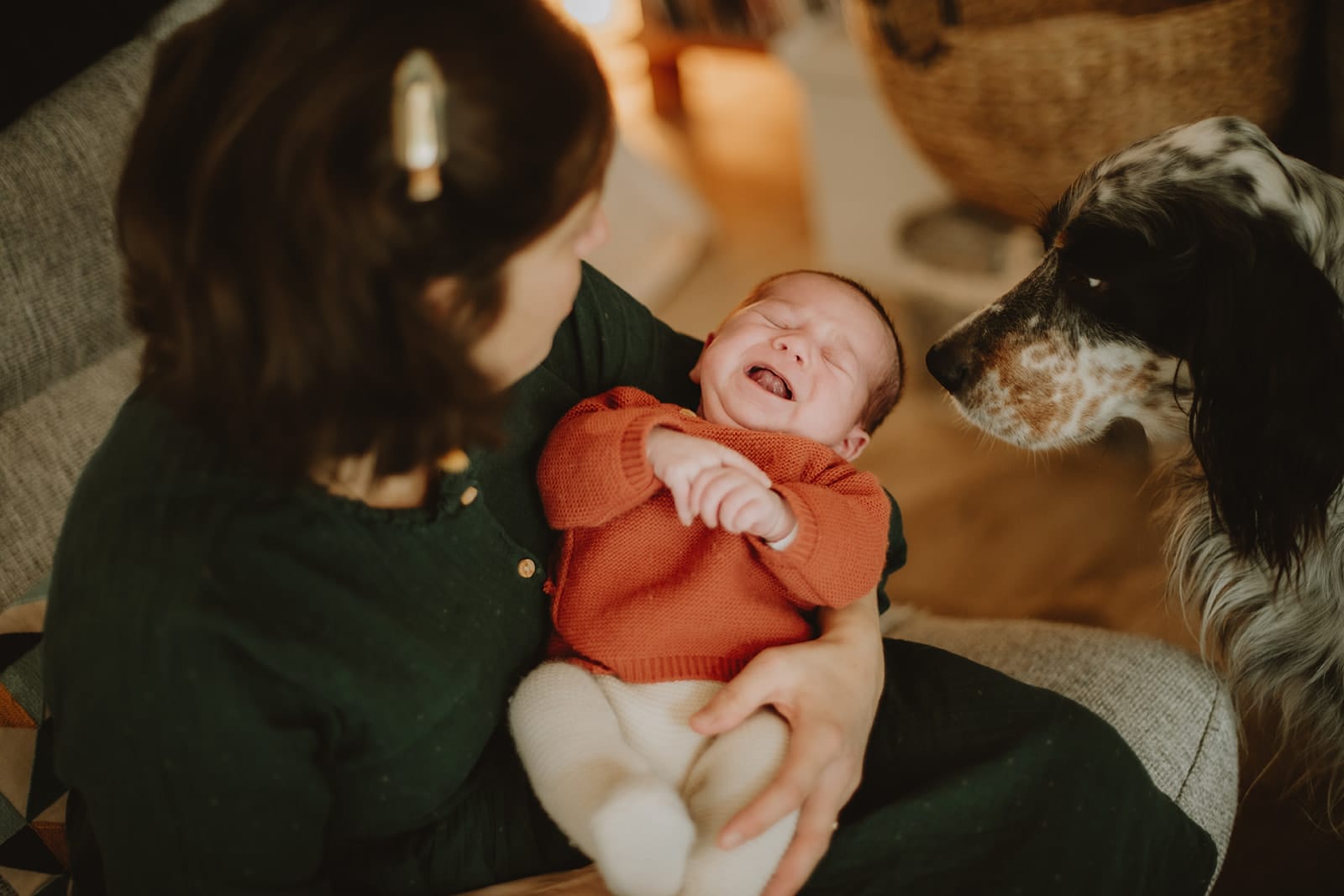 Un bébé souriant dans les bras de sa maman, avec un chien curieux à ses côtés.