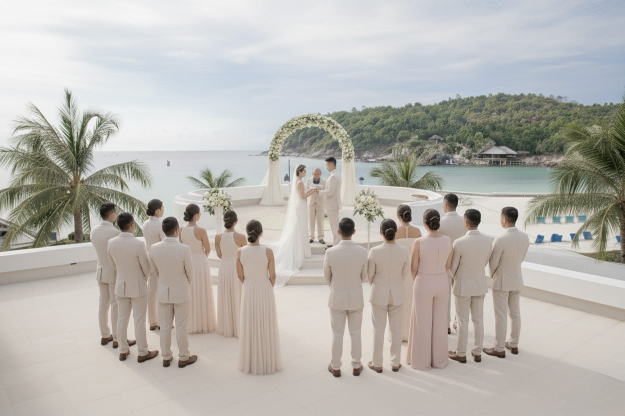 Un couple échange ses vœux lors d'une cérémonie romantique en plein air.