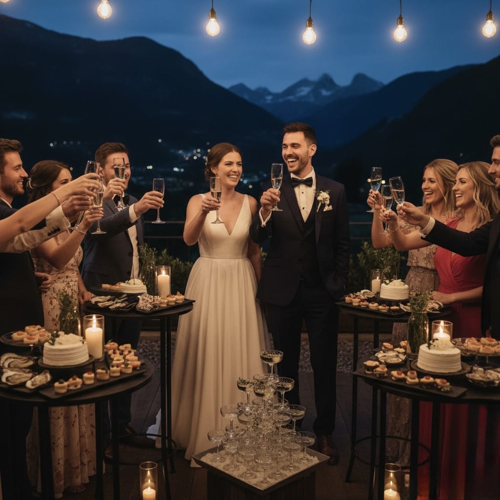 Un couple heureux lève son verre entouré d'amis à Lyon.