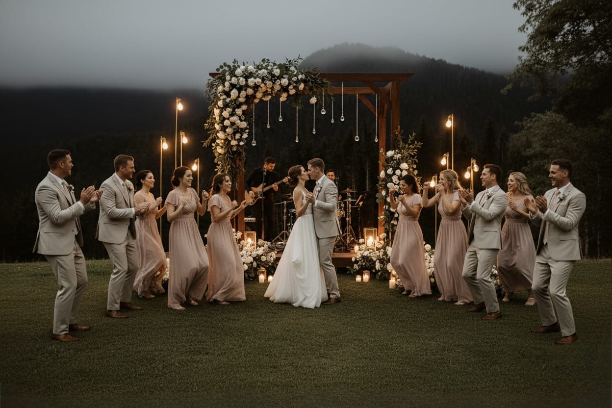 Un couple danse joyeusement entouré de leurs invités à Lyon.