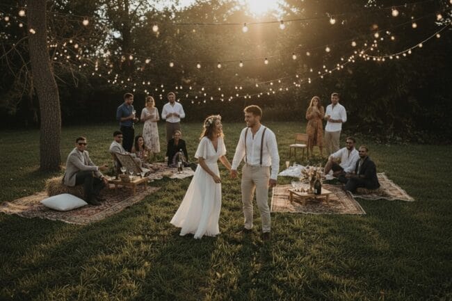 Un couple s'unit sous des guirlandes lumineuses, ambiance joyeuse.